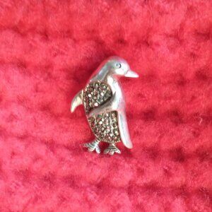 Dancing Penguin Marcasite and Sterling Silver Brooch Pin